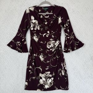 LRL Ralph Lauren Bell Sleeve Jersey Dress 4 Petite Purple Floral Career Feminine